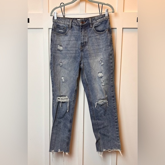 Cello Women's Juniors Size 7 Blue Straight Leg Distressed Raw Hem Ripped Jeans - Picture 1 of 12